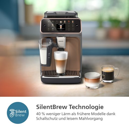 PHILIPS-Kaffeevollautomat EP5544/80 5500 Series, 20 Kaffeespezialitäten (heiß oder eisgekühlt) LatteGo-Milchsystem, SilentBrew Technologie, Grau/Kupfer