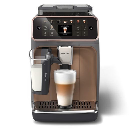 PHILIPS-Kaffeevollautomat EP5544/80 5500 Series, 20 Kaffeespezialitäten (heiß oder eisgekühlt) LatteGo-Milchsystem, SilentBrew Technologie, Grau/Kupfer
