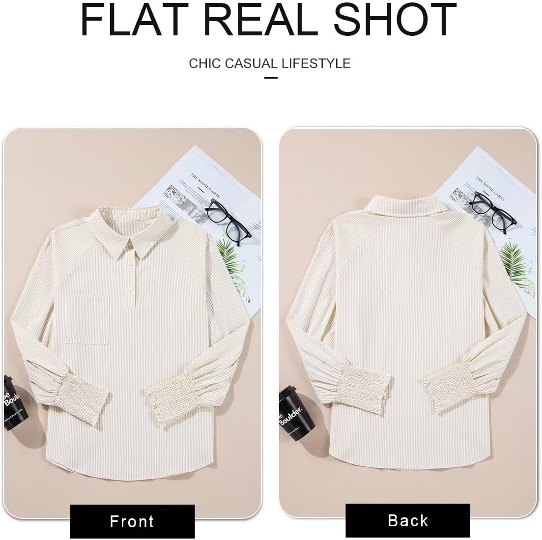 Women 2025 Fine Striped Smocked Cuffed Henley Shirts Long Sleeve Collared Blouse Tops with Pocket