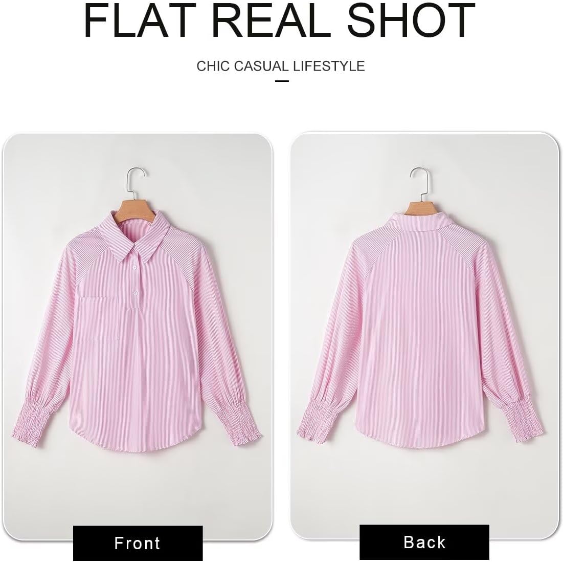 Women 2025 Fine Striped Smocked Cuffed Henley Shirts Long Sleeve Collared Blouse Tops with Pocket