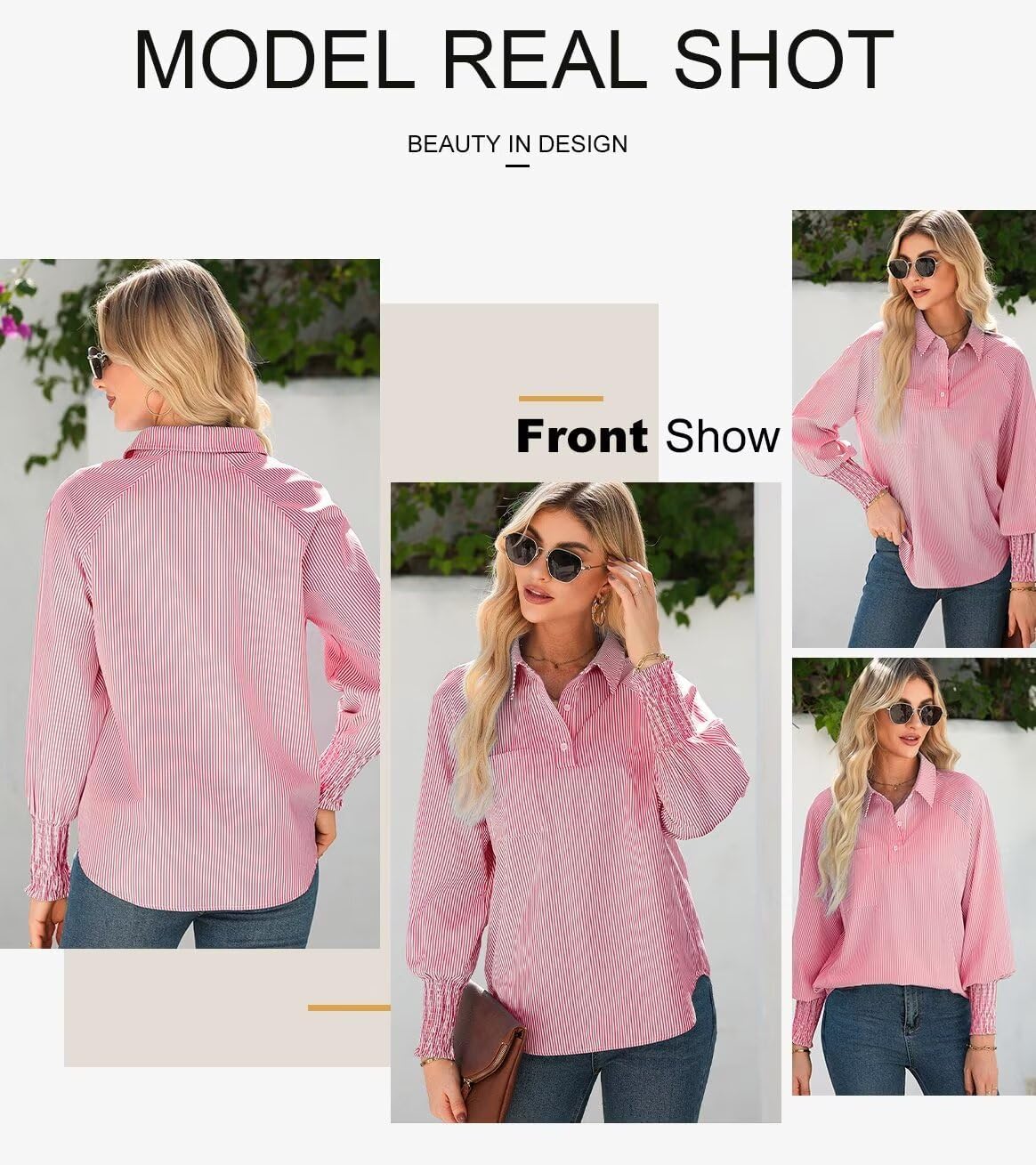 Women 2025 Fine Striped Smocked Cuffed Henley Shirts Long Sleeve Collared Blouse Tops with Pocket