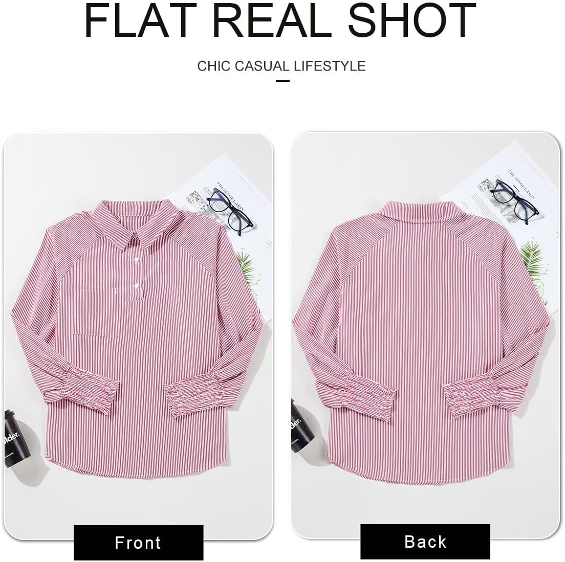 Women 2025 Fine Striped Smocked Cuffed Henley Shirts Long Sleeve Collared Blouse Tops with Pocket