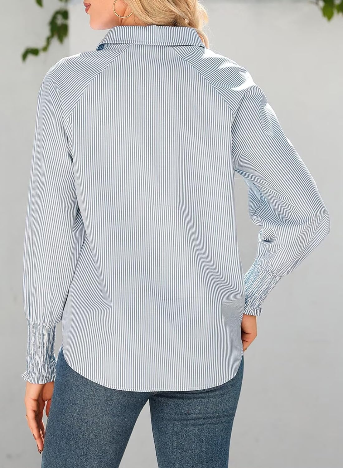 Women 2025 Fine Striped Smocked Cuffed Henley Shirts Long Sleeve Collared Blouse Tops with Pocket