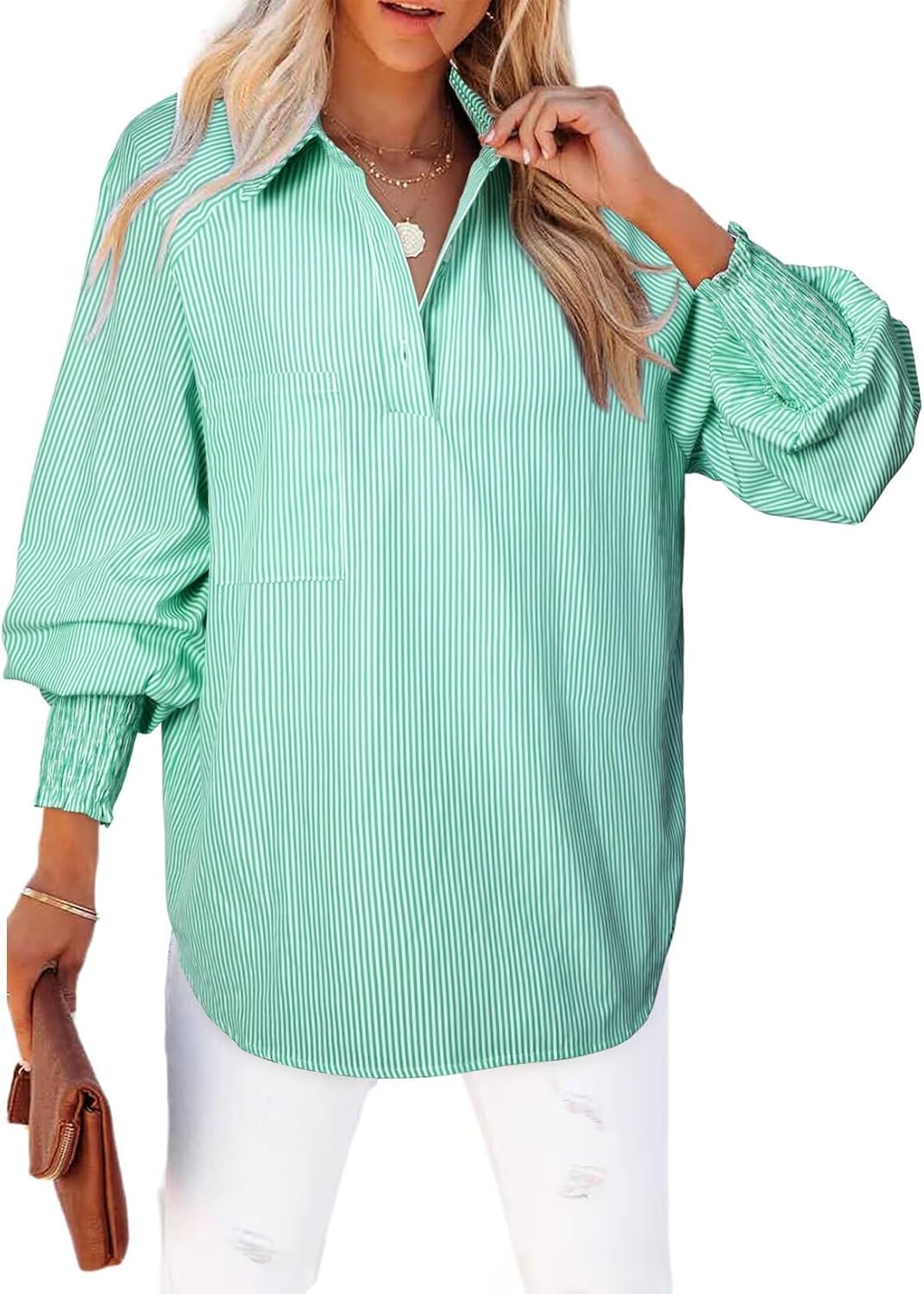 Women 2025 Fine Striped Smocked Cuffed Henley Shirts Long Sleeve Collared Blouse Tops with Pocket
