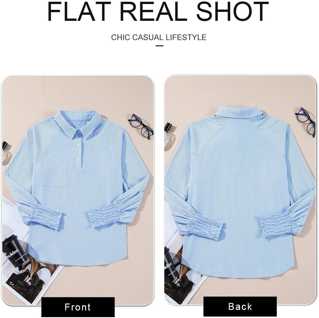 Women 2025 Fine Striped Smocked Cuffed Henley Shirts Long Sleeve Collared Blouse Tops with Pocket