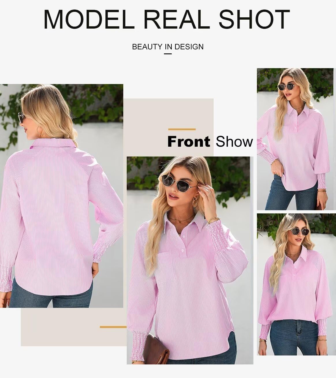 Women 2025 Fine Striped Smocked Cuffed Henley Shirts Long Sleeve Collared Blouse Tops with Pocket