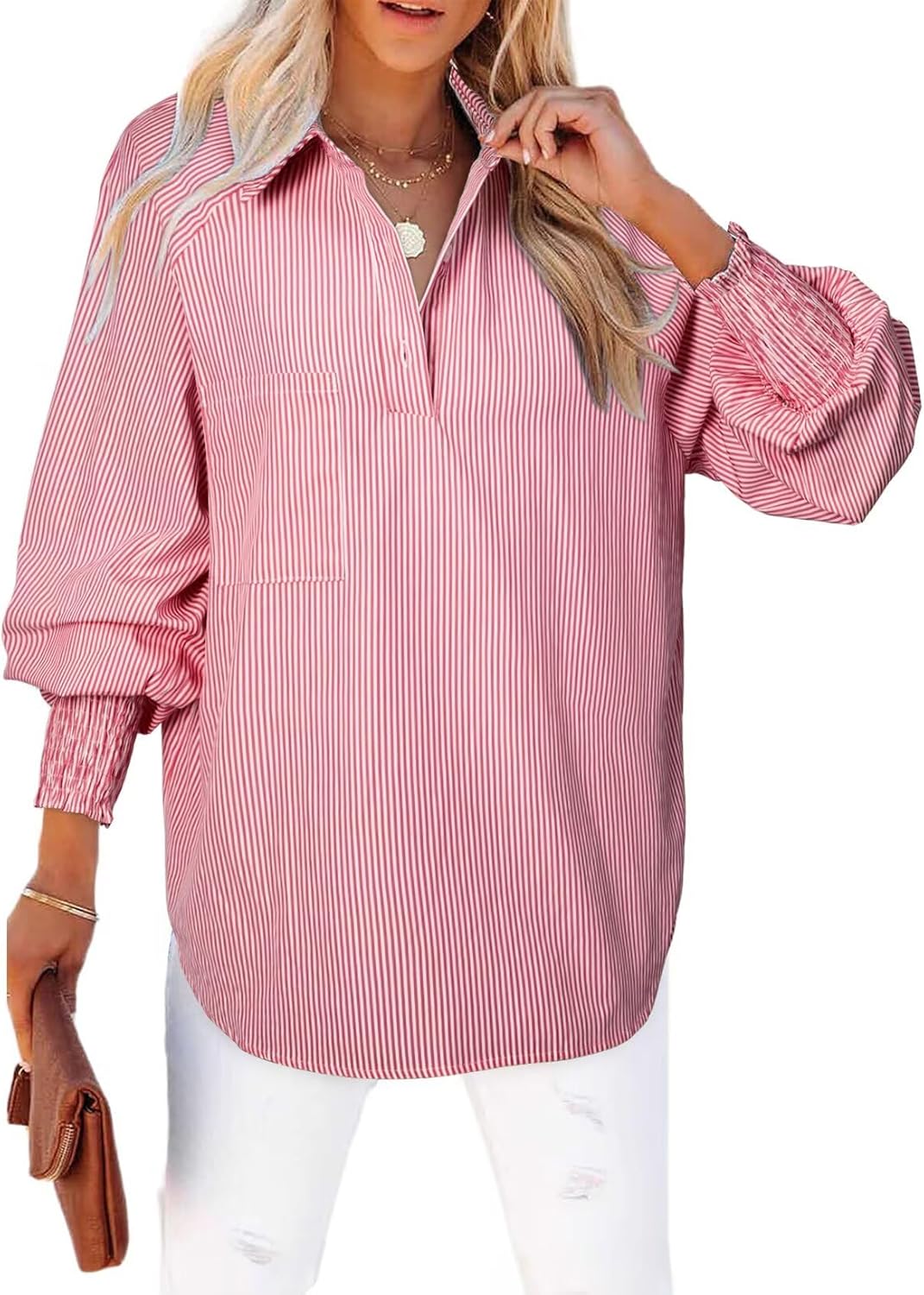 Women 2025 Fine Striped Smocked Cuffed Henley Shirts Long Sleeve Collared Blouse Tops with Pocket