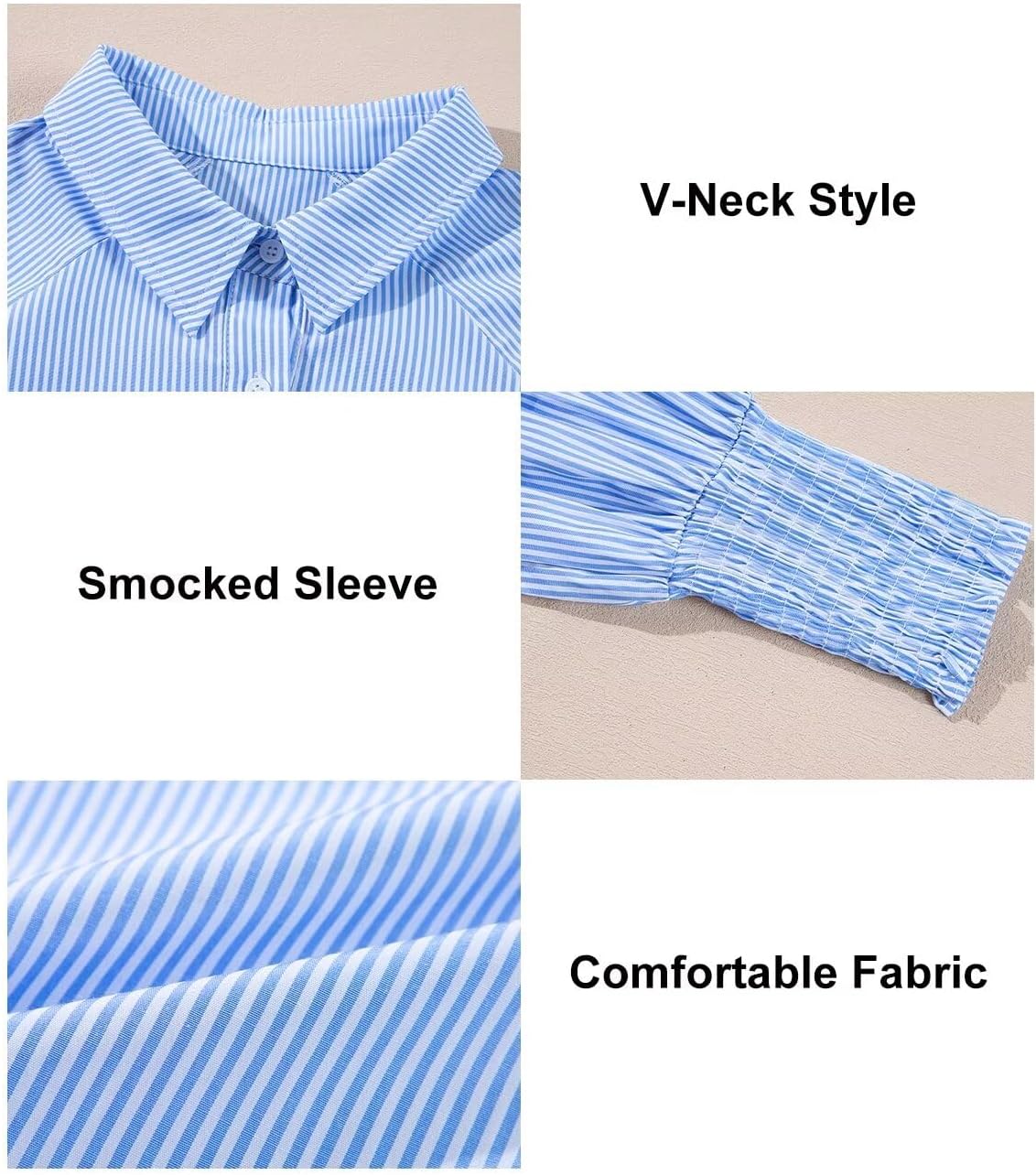 Women 2025 Fine Striped Smocked Cuffed Henley Shirts Long Sleeve Collared Blouse Tops with Pocket