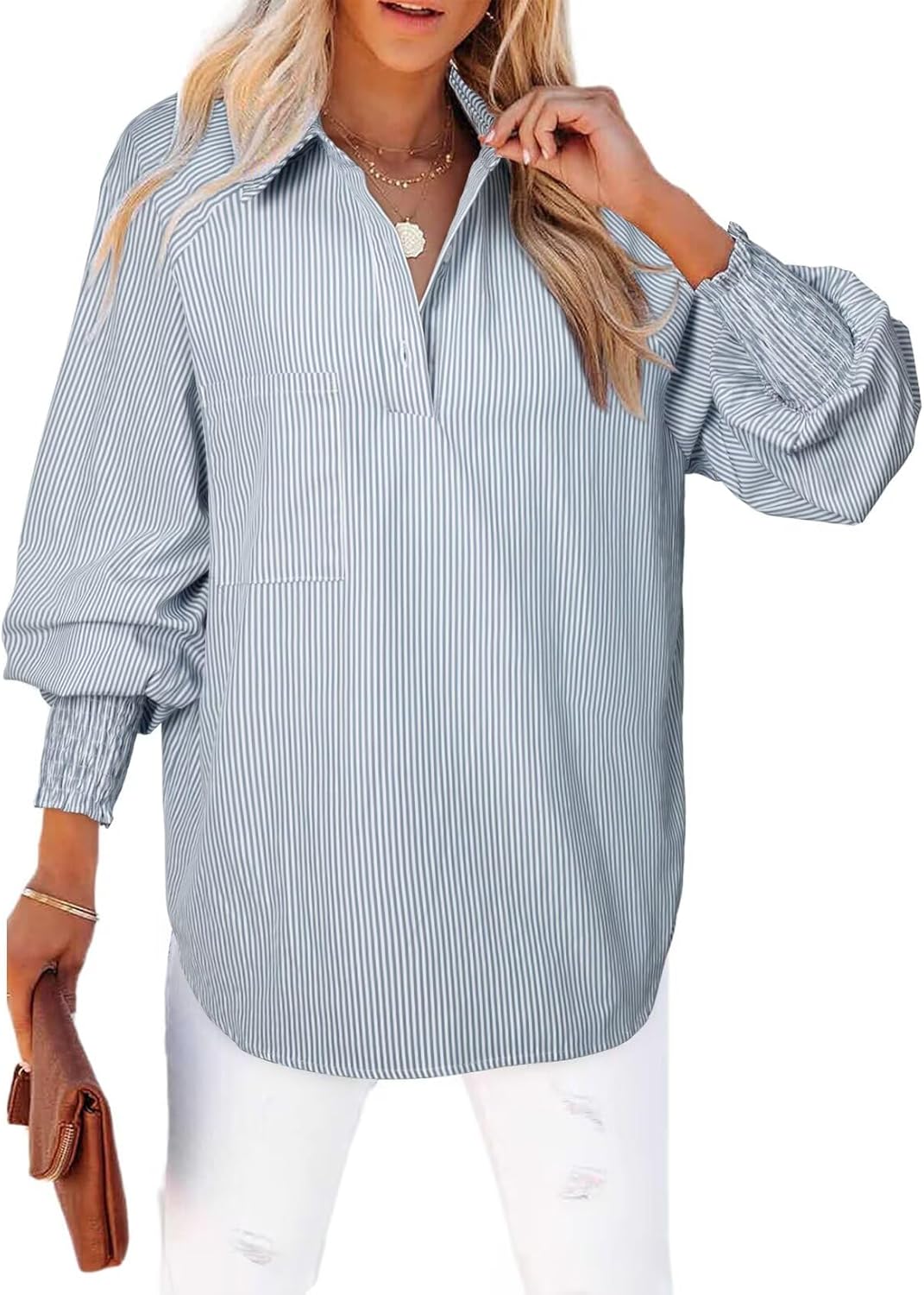 Women 2025 Fine Striped Smocked Cuffed Henley Shirts Long Sleeve Collared Blouse Tops with Pocket