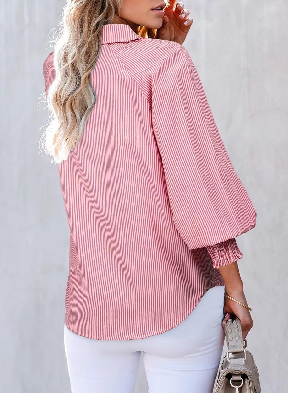 Women 2025 Fine Striped Smocked Cuffed Henley Shirts Long Sleeve Collared Blouse Tops with Pocket