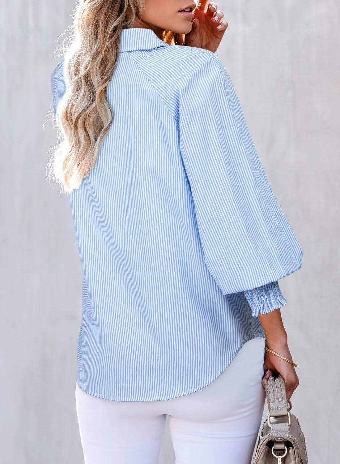 Women 2025 Fine Striped Smocked Cuffed Henley Shirts Long Sleeve Collared Blouse Tops with Pocket