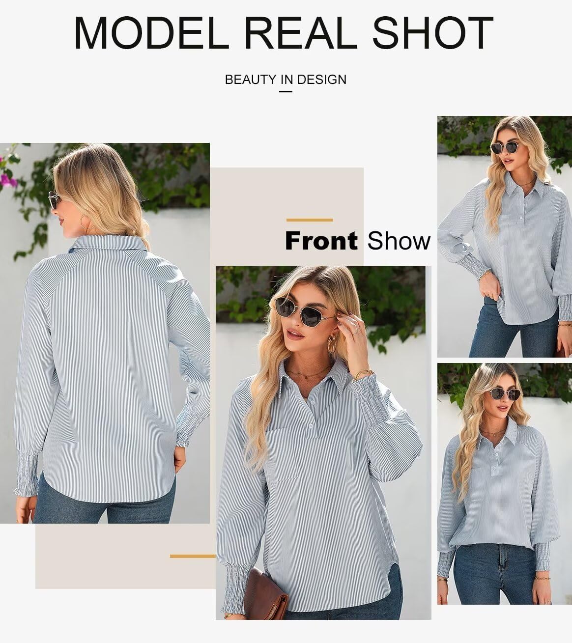 Women 2025 Fine Striped Smocked Cuffed Henley Shirts Long Sleeve Collared Blouse Tops with Pocket