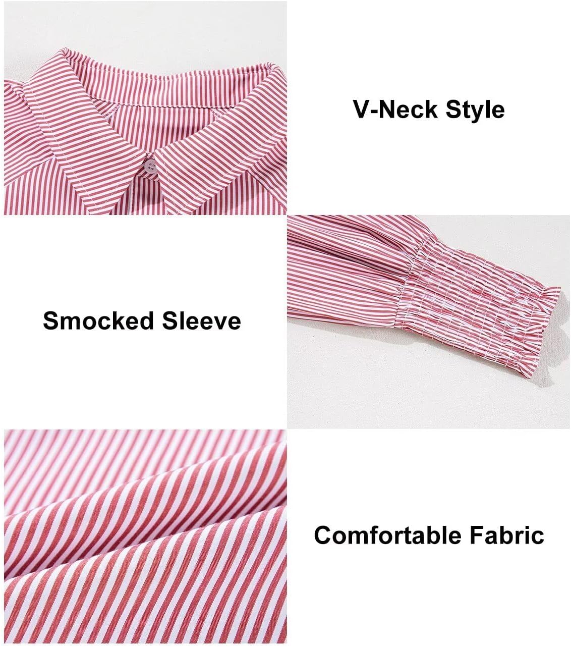 Women 2025 Fine Striped Smocked Cuffed Henley Shirts Long Sleeve Collared Blouse Tops with Pocket