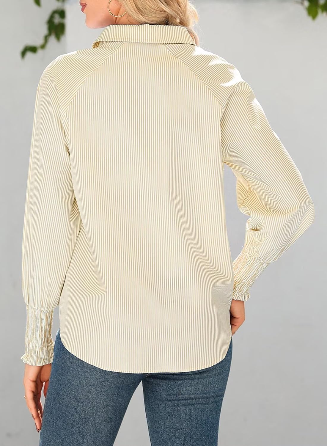 Women 2025 Fine Striped Smocked Cuffed Henley Shirts Long Sleeve Collared Blouse Tops with Pocket