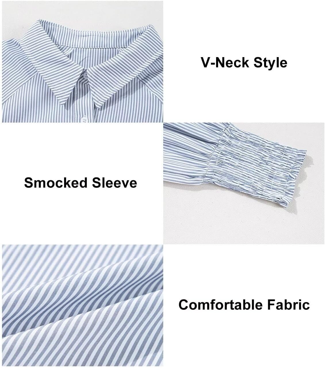 Women 2025 Fine Striped Smocked Cuffed Henley Shirts Long Sleeve Collared Blouse Tops with Pocket