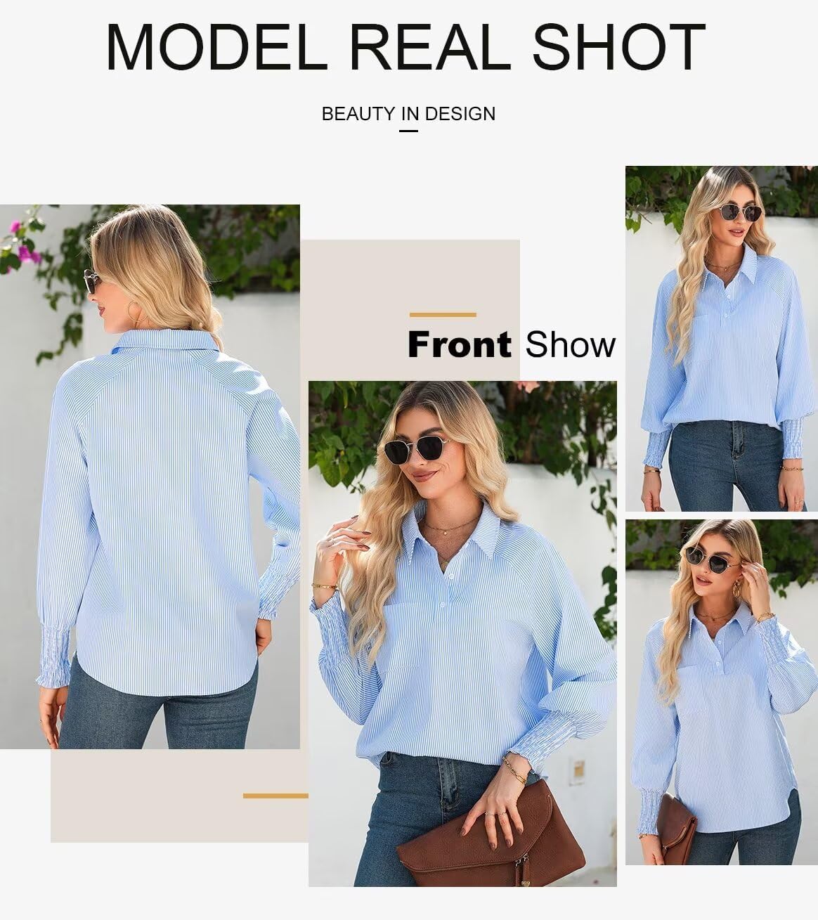 Women 2025 Fine Striped Smocked Cuffed Henley Shirts Long Sleeve Collared Blouse Tops with Pocket