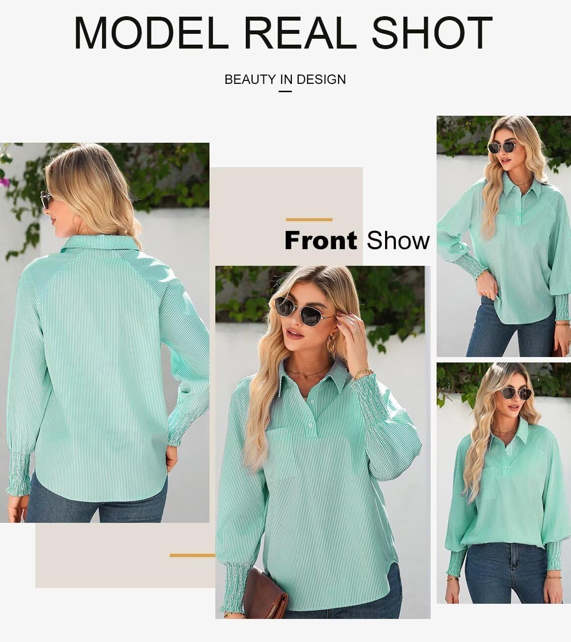 Women 2025 Fine Striped Smocked Cuffed Henley Shirts Long Sleeve Collared Blouse Tops with Pocket