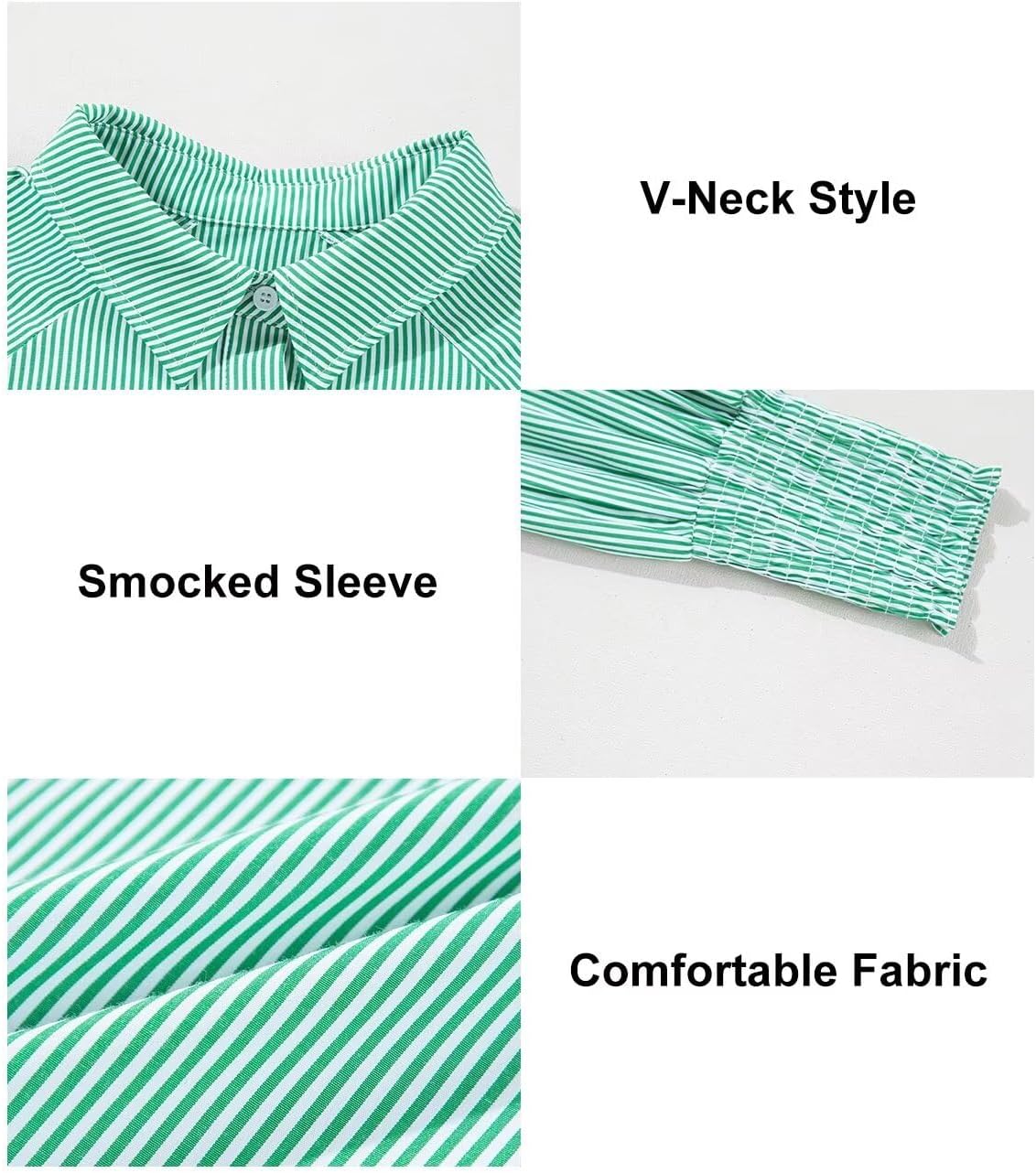 Women 2025 Fine Striped Smocked Cuffed Henley Shirts Long Sleeve Collared Blouse Tops with Pocket