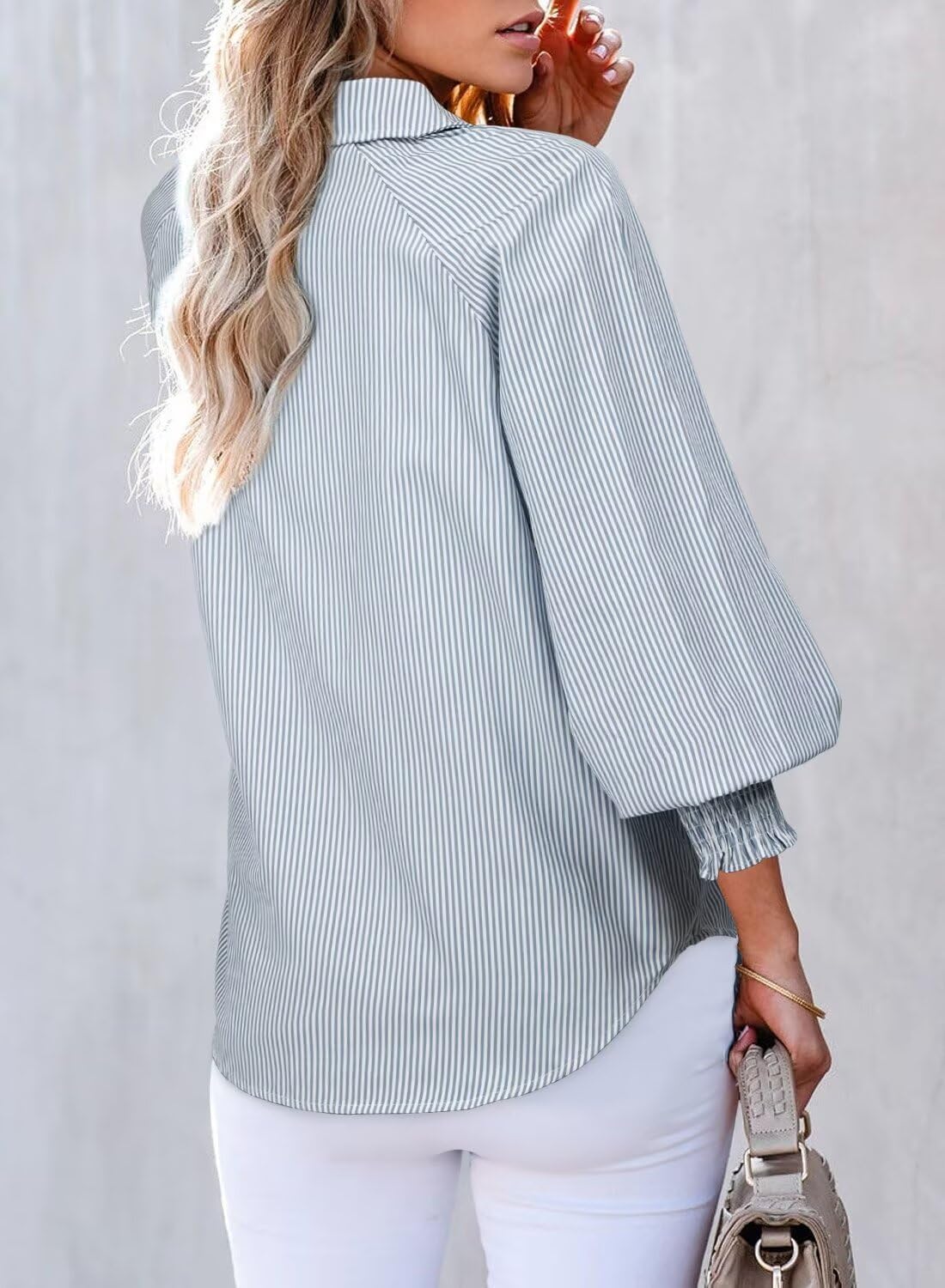 Women 2025 Fine Striped Smocked Cuffed Henley Shirts Long Sleeve Collared Blouse Tops with Pocket