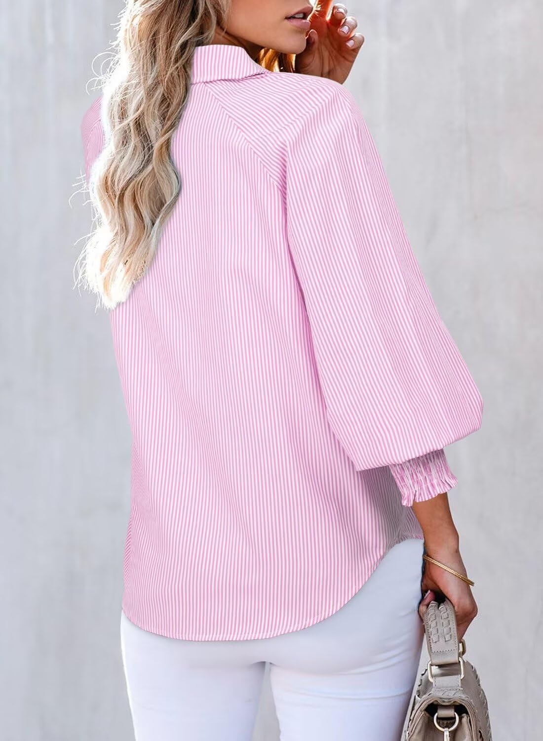 Women 2025 Fine Striped Smocked Cuffed Henley Shirts Long Sleeve Collared Blouse Tops with Pocket