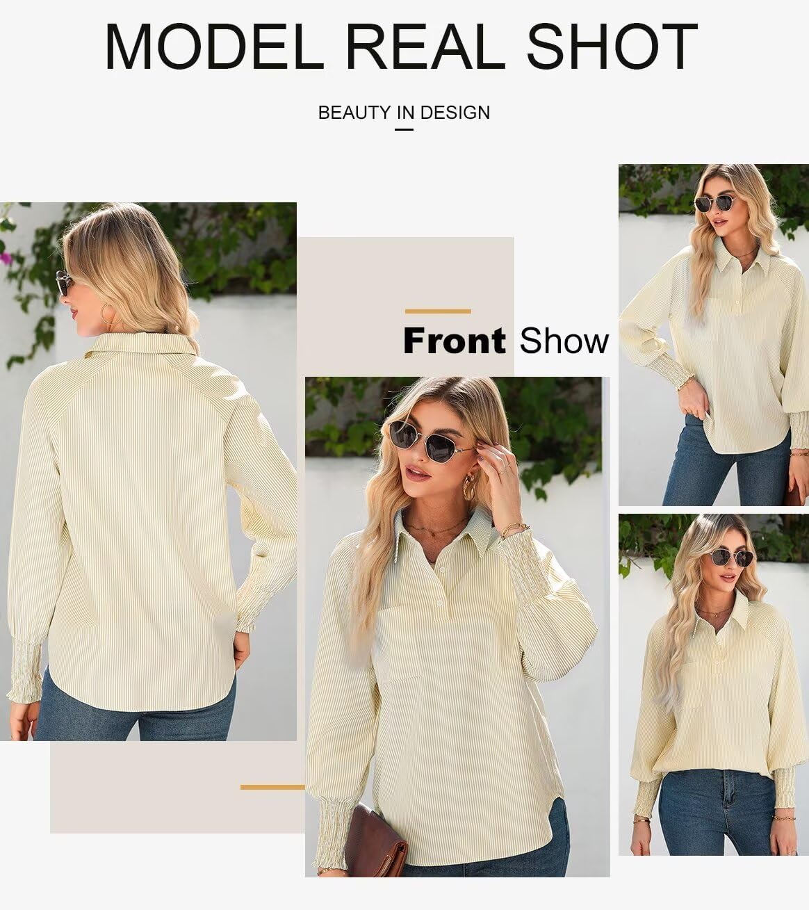 Women 2025 Fine Striped Smocked Cuffed Henley Shirts Long Sleeve Collared Blouse Tops with Pocket