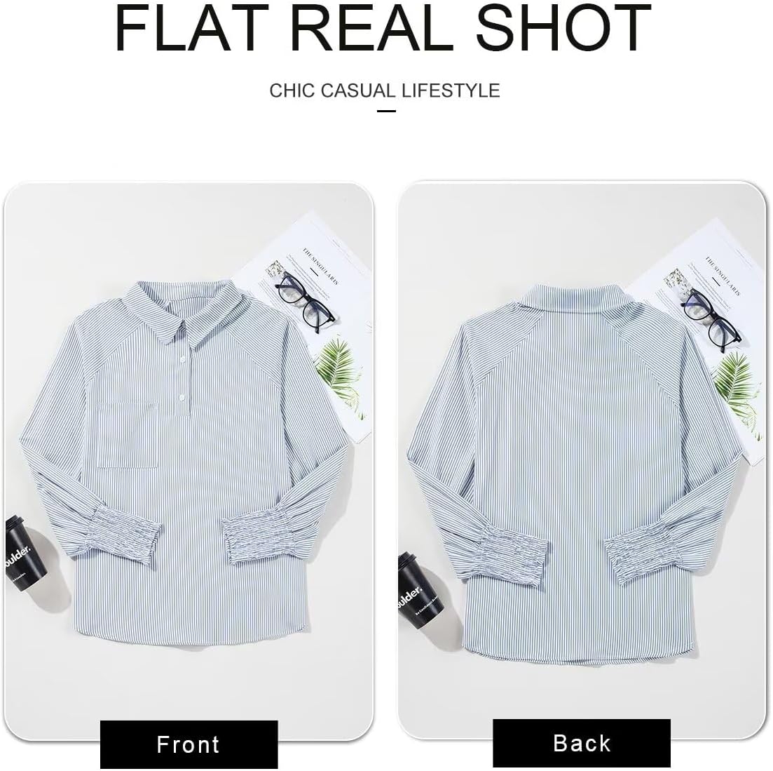 Women 2025 Fine Striped Smocked Cuffed Henley Shirts Long Sleeve Collared Blouse Tops with Pocket