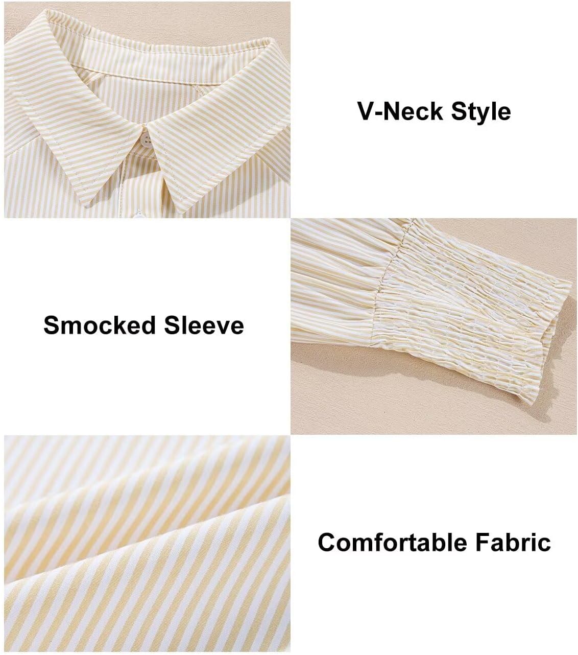 Women 2025 Fine Striped Smocked Cuffed Henley Shirts Long Sleeve Collared Blouse Tops with Pocket