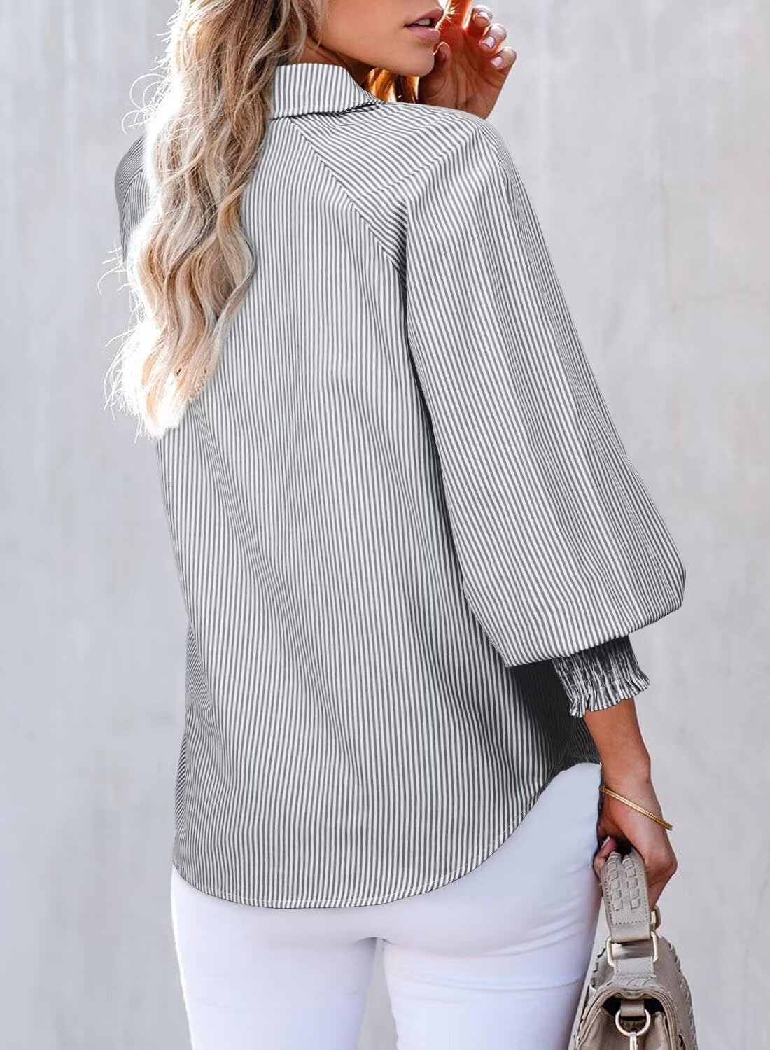 Women 2025 Fine Striped Smocked Cuffed Henley Shirts Long Sleeve Collared Blouse Tops with Pocket