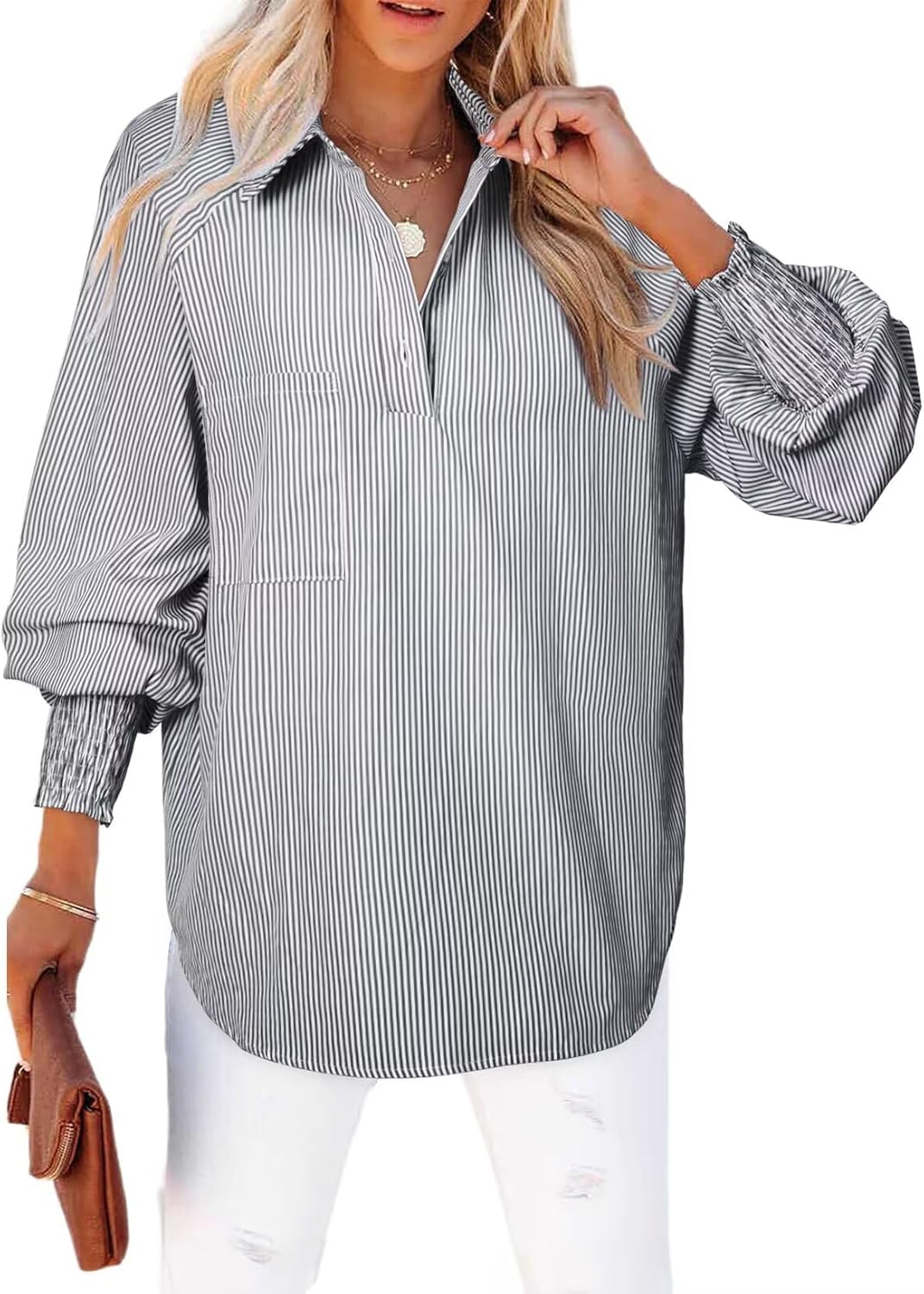 Women 2025 Fine Striped Smocked Cuffed Henley Shirts Long Sleeve Collared Blouse Tops with Pocket