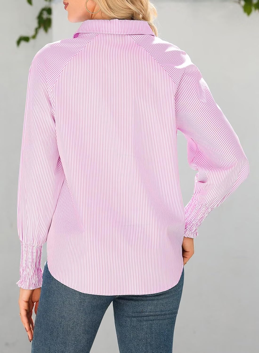 Women 2025 Fine Striped Smocked Cuffed Henley Shirts Long Sleeve Collared Blouse Tops with Pocket