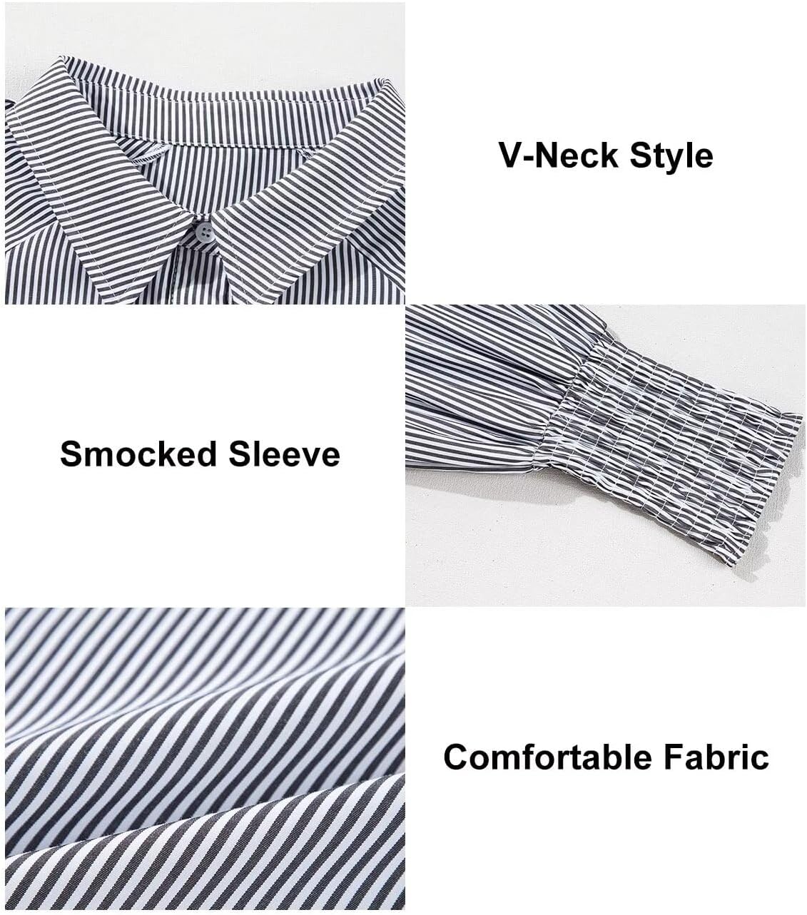 Women 2025 Fine Striped Smocked Cuffed Henley Shirts Long Sleeve Collared Blouse Tops with Pocket