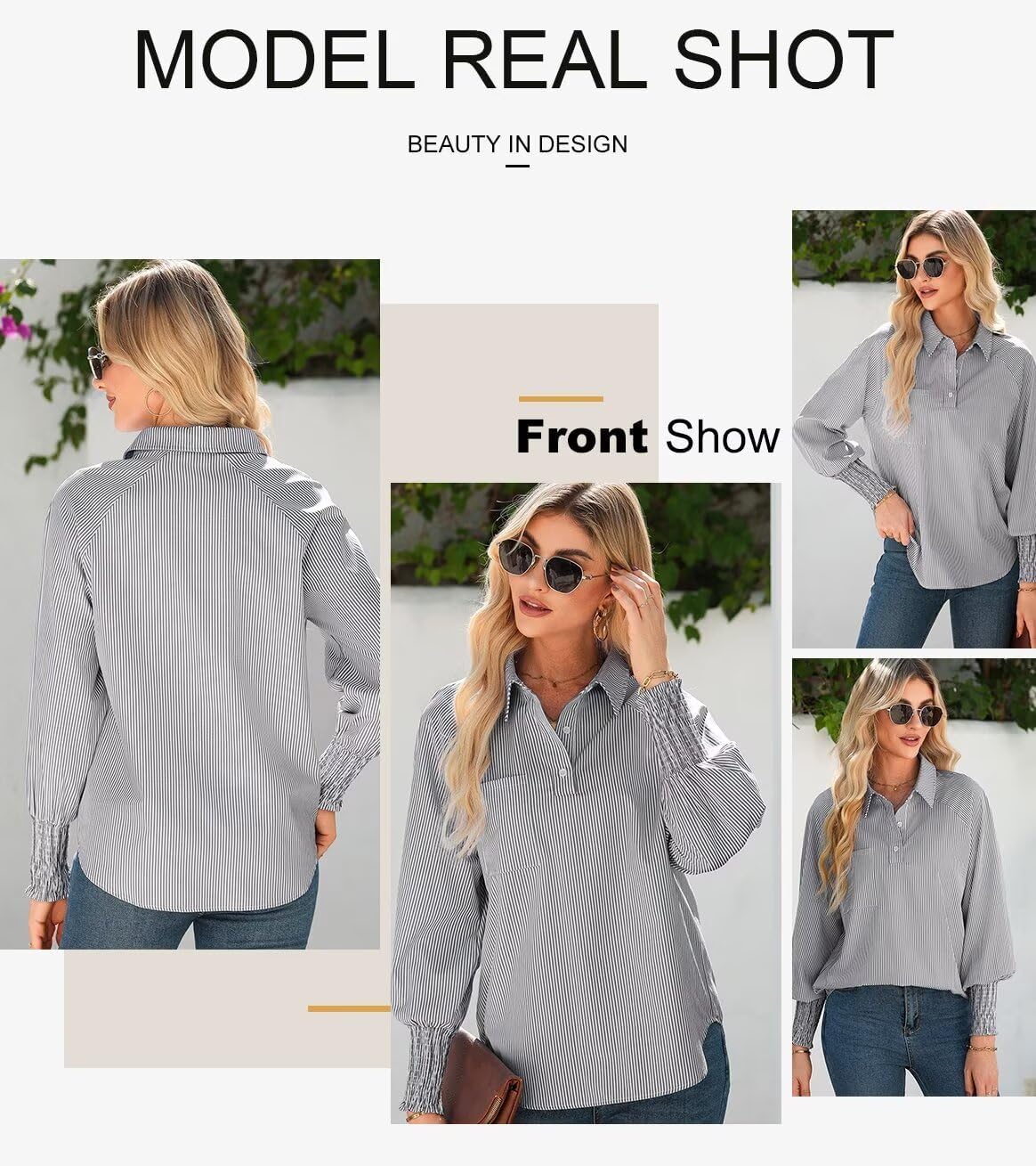 Women 2025 Fine Striped Smocked Cuffed Henley Shirts Long Sleeve Collared Blouse Tops with Pocket