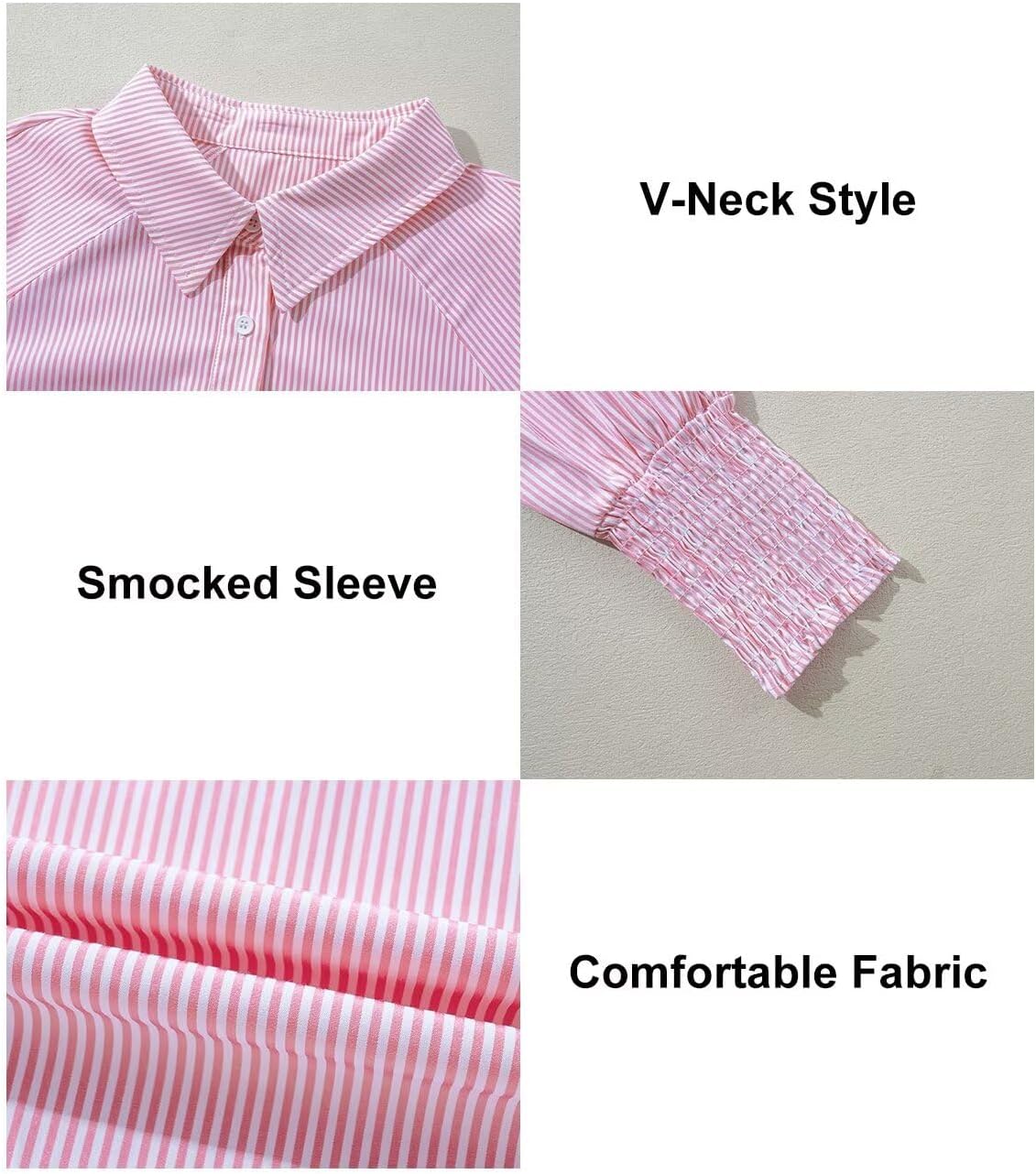 Women 2025 Fine Striped Smocked Cuffed Henley Shirts Long Sleeve Collared Blouse Tops with Pocket