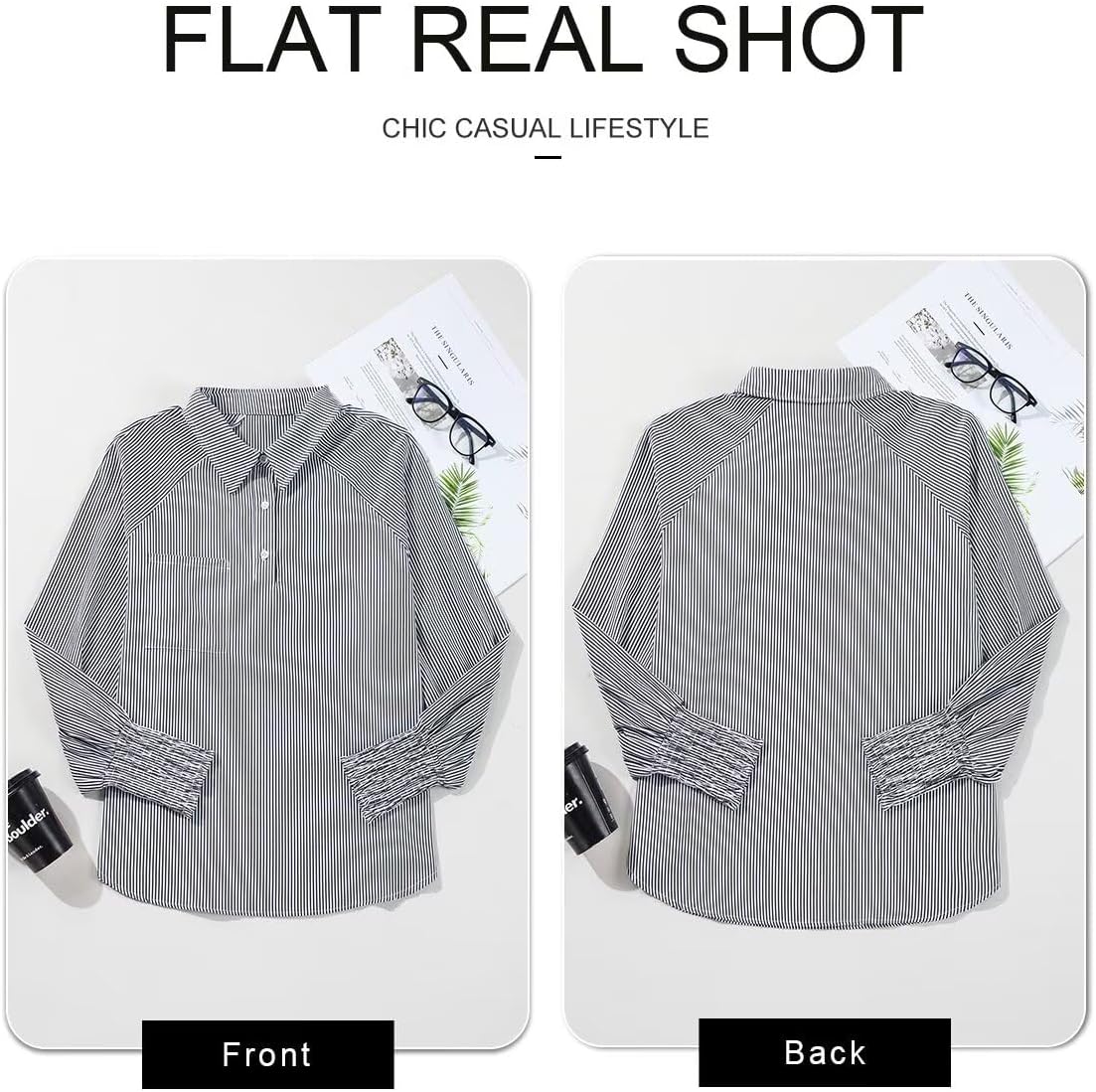 Women 2025 Fine Striped Smocked Cuffed Henley Shirts Long Sleeve Collared Blouse Tops with Pocket