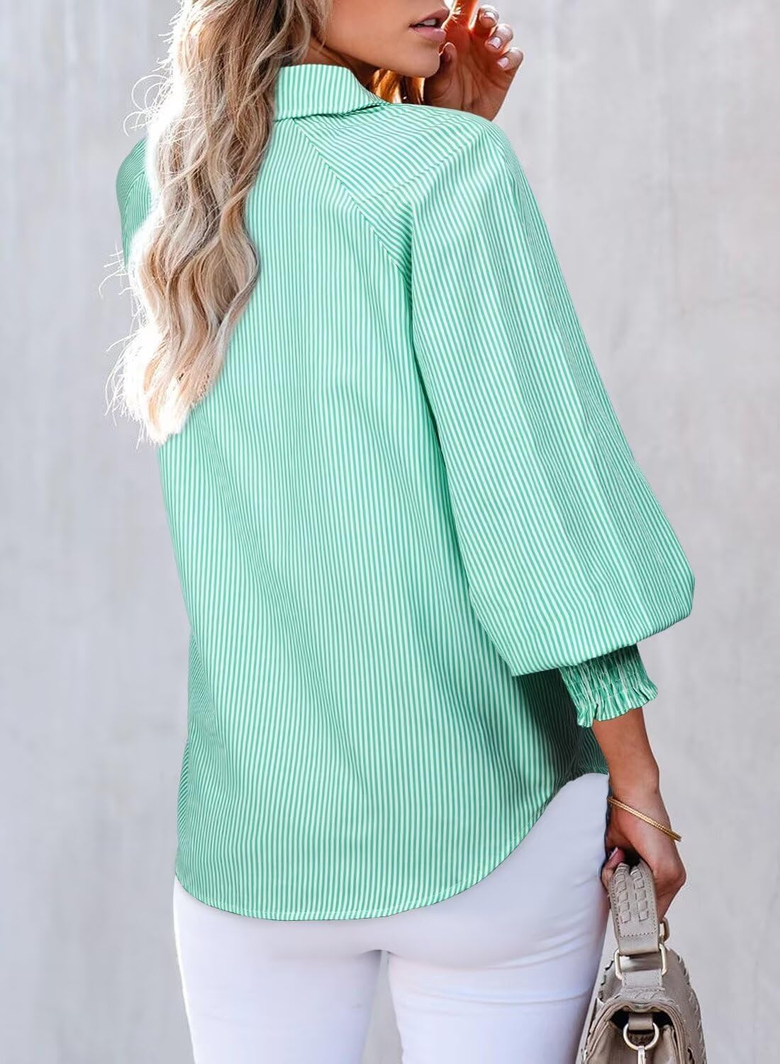 Women 2025 Fine Striped Smocked Cuffed Henley Shirts Long Sleeve Collared Blouse Tops with Pocket