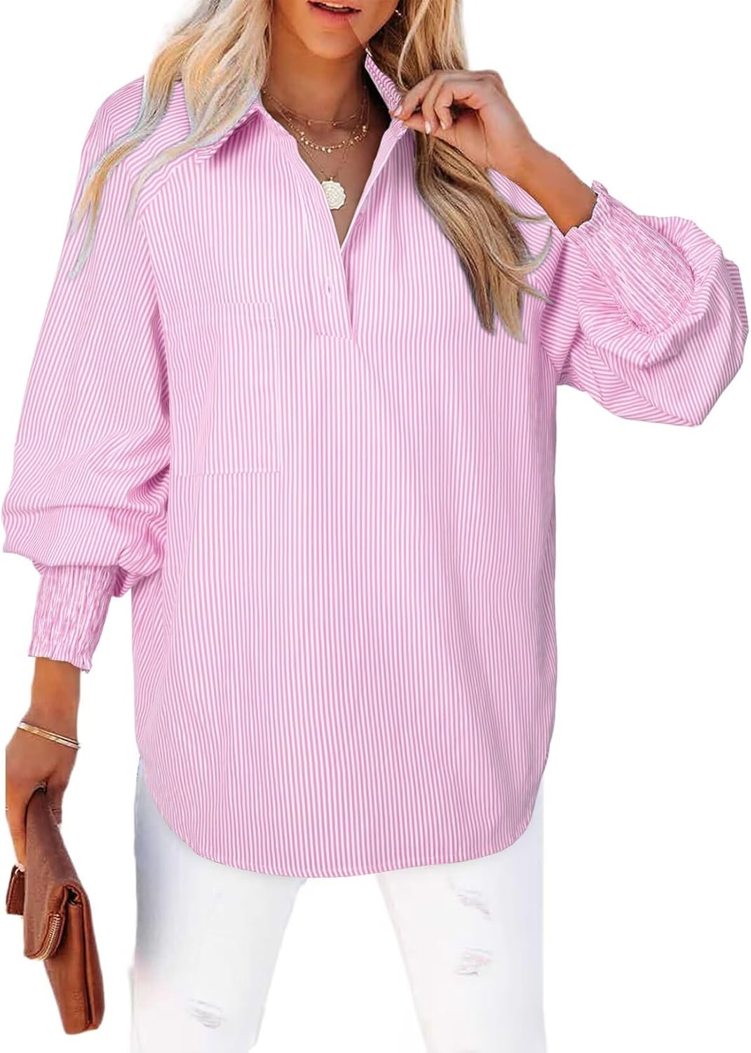 Women 2025 Fine Striped Smocked Cuffed Henley Shirts Long Sleeve Collared Blouse Tops with Pocket