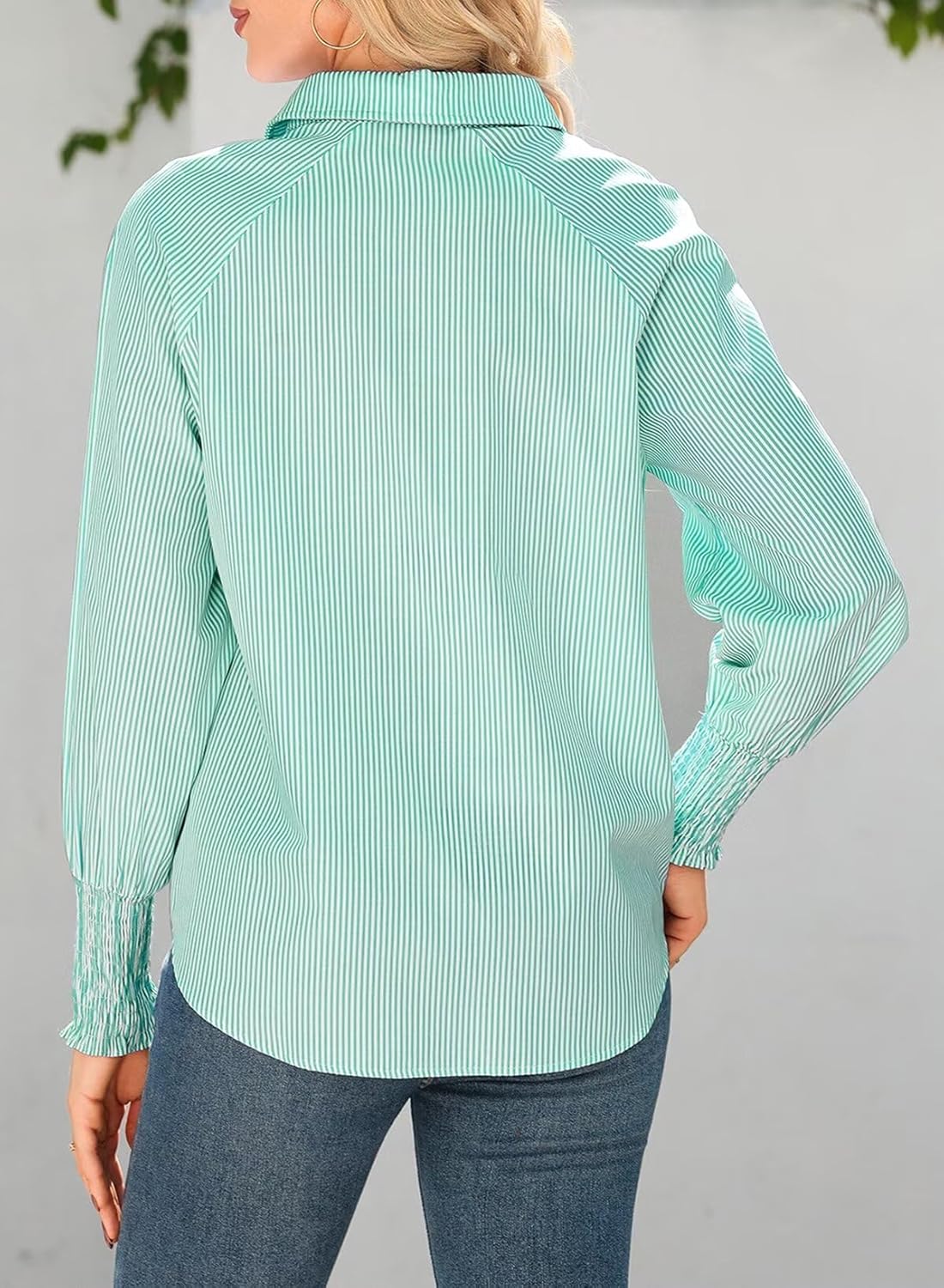 Women 2025 Fine Striped Smocked Cuffed Henley Shirts Long Sleeve Collared Blouse Tops with Pocket