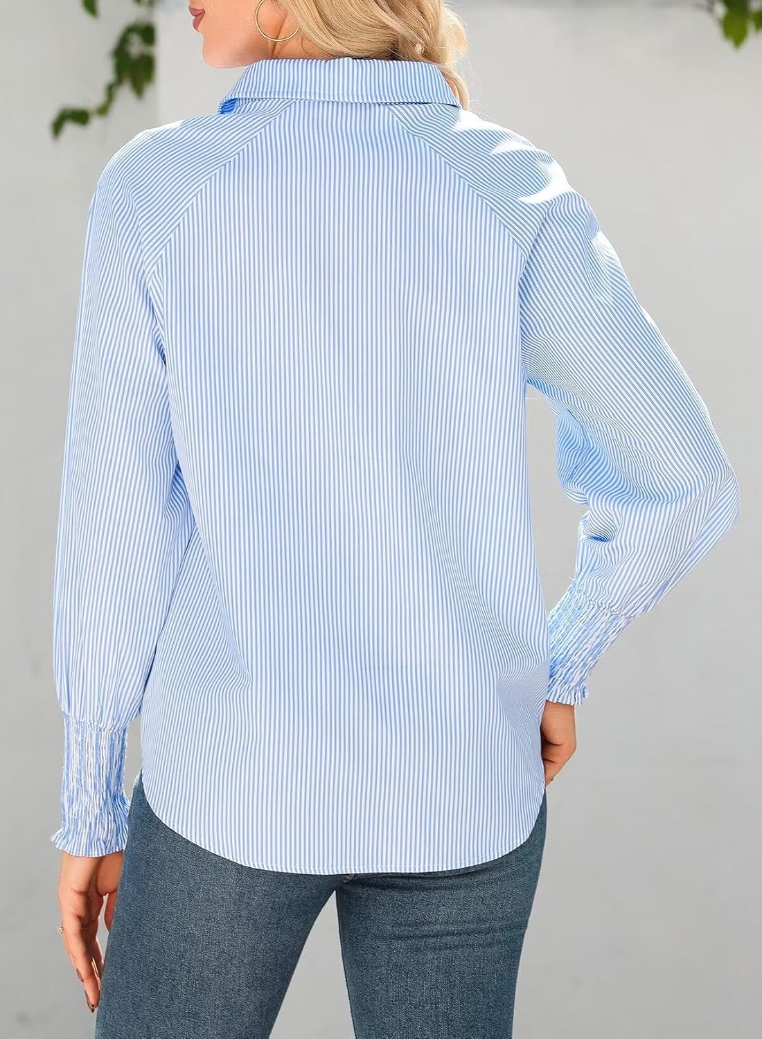 Women 2025 Fine Striped Smocked Cuffed Henley Shirts Long Sleeve Collared Blouse Tops with Pocket