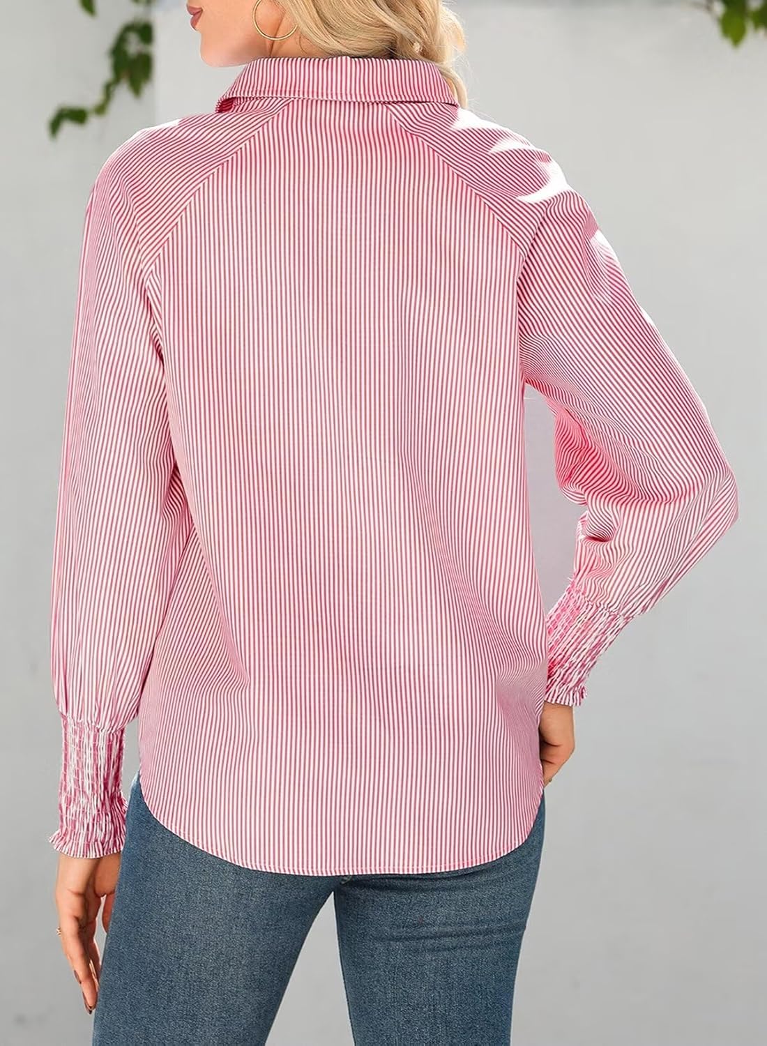 Women 2025 Fine Striped Smocked Cuffed Henley Shirts Long Sleeve Collared Blouse Tops with Pocket