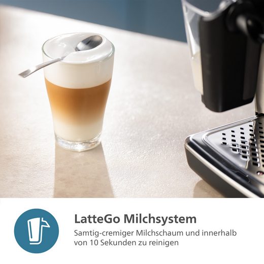 PHILIPS-Kaffeevollautomat EP5544/80 5500 Series, 20 Kaffeespezialitäten (heiß oder eisgekühlt) LatteGo-Milchsystem, SilentBrew Technologie, Grau/Kupfer